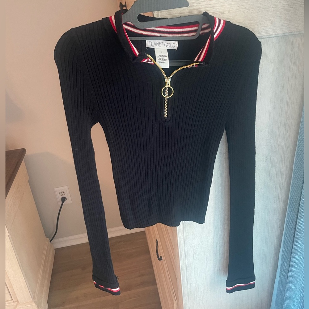 Planet Gold Black Ribbed Fitted Polo Top